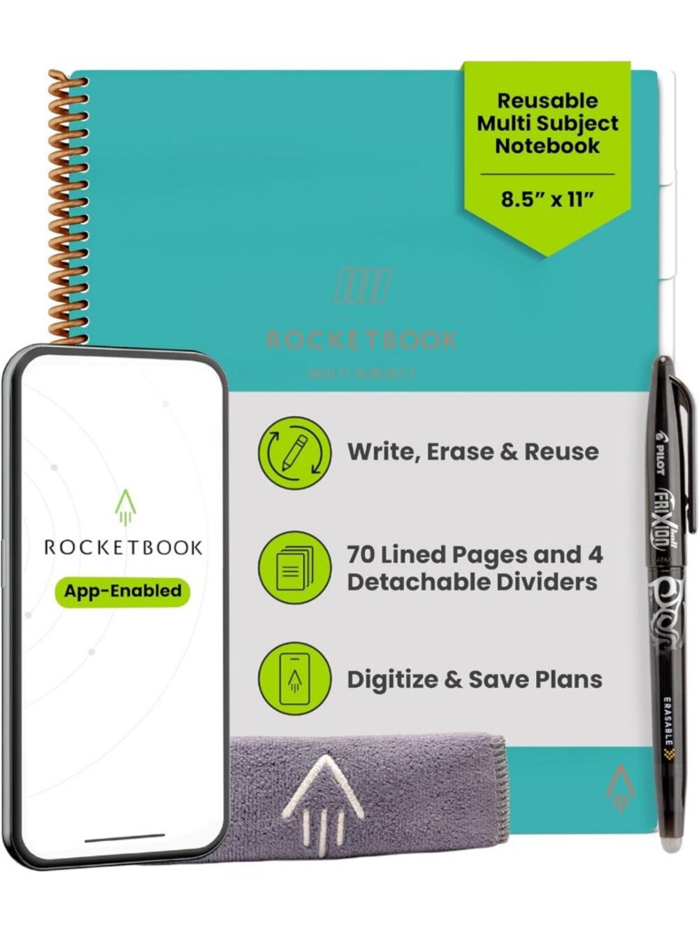 Reusable Smart Notebook, Multi-Subject Letter Size 8.5x11, Eco-Friendly Teal